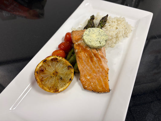 Grilled Salmon with Grilled Lemon + Vegetables