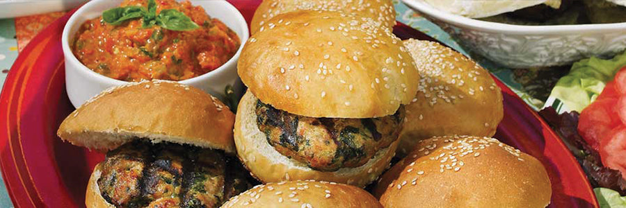 Lemony Chicken Burgers With Roasted Red Pepper Sauce