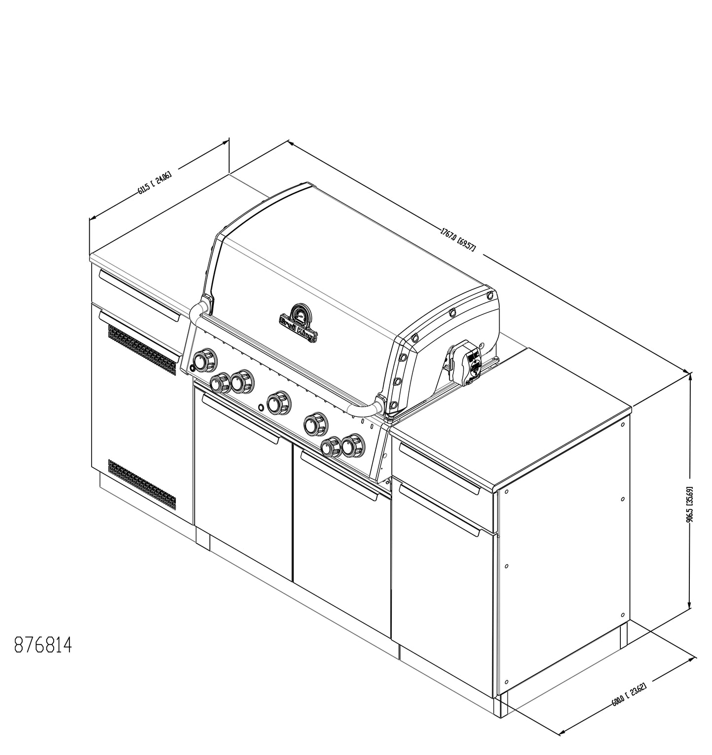 Technical drawing of a barbecue grill with dimensions on a white background