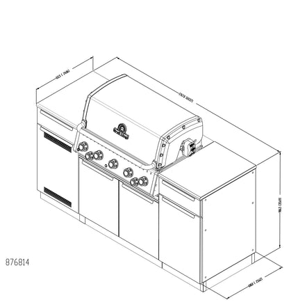 Technical drawing of a barbecue grill with dimensions on a white background